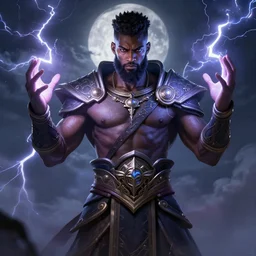 a highly detailed illustration of bearded short fade hair african warrior god of lightning, evil summoning lightning from hands pose, moonlit clouds background, muscular, intricate, elegant, highly detailed, centered, digital painting, artstation, concept art, smooth, sharp focus, league of legends concept art, WLOP