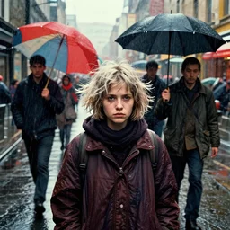 rainy street, homeless girl portrait, short messy bleached hair, richard avedon, martin schoeller, victor ngai, id magazine, epic scene, surreal, david cronenberg, kilian eng vibrant colours, billowing, dramatic, dynamic lighting, intricate illustration, detailed, beksinski, dan mumford, artstation, greg rutkowski, sharp focus, photoreal, 8 k
