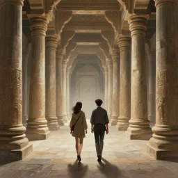 character portrait, shot from over the shoulder third person perspective, two people walking down the center of a massive stone temple with rows of large pillars lining either side of the pathway, intricate, elegant, highly detailed, digital painting, artstation, concept art, smooth, sharp focus, illustration, art by artgerm and greg rutkowski and alphonse mucha, 8 k