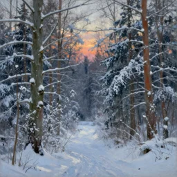 Snowy forest, the time of day is dusk, beautiful impressionism painting