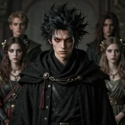 demon boy, yound adult yokai boy with wild spiky hair, vantablack cloak, red eyes, ultra realistic, concept art, intricate details, eerie, highly detailed, photorealistic, octane render, 8 k, unreal engine. art by artgerm and greg rutkowski and charlie bowater and magali villeneuve and alphonse mucha