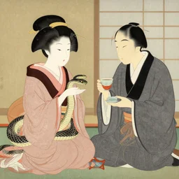 Japanese beauty wrapped in a snake having tea with her husband by Toshio Saeki, high detailed