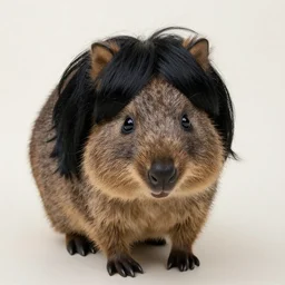 black hair wig on a quokka wearing a black hair wig, wig!!