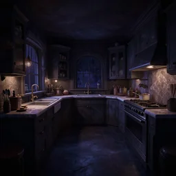 curved perspective digital art of a dark kitchen without windows lights off from Tim Burtons Nightmare Before Christmas by Petros Afshar