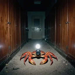 an SCP gets loose in a dark room, dust in the air, brown wood cabinets, SCP, taken using a film camera with 35mm expired film, bright camera flash enabled, award winning photograph, sleep paralysis demon crabwalking towards camera, creepy, liminal space, in the style of the movie Pulse