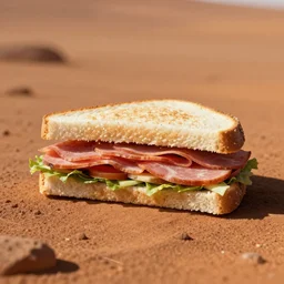 a ham sandwich resting on the surface of mars, ham sandwich on mars, photograph, color photo