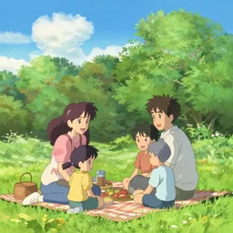 An happy family of a couples with two boys of 10years old and 5 years old, in Vincennes parc having a pic nic, beautiful weather, peaceful cloud, by Makoto Shinkai