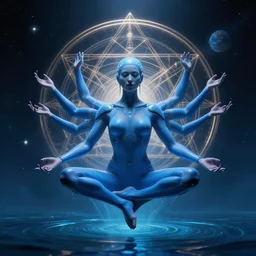 a blue levitating cyber punk woman with four arms meditating over water with outer space, dramatic lighting, sacred geometry, by alex grey, android jones, alexandros pyromallis, bouguereau, rutkowski, artgerm