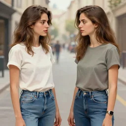 two women talking on the street, contemporary setting, wearing jeans and tee shirt, detailed symetric faces, ultra realistic illustration, intricate, elegant, highly detailed, digital painting, artstation, concept art, smooth, sharp focus, illustration, art by artgerm and greg rutkowski and alphonse mucha