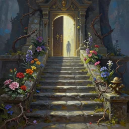 matte glossy painting of stone steps fantasy leading do a fantasy door opening flowers, thorns roots along the steps, artstation by emilia dziubak, will terry, greg olsen, chris mars, ann long, and mark brooks, gret ritkowski dramatic, architecture, colorful warcraft architecture