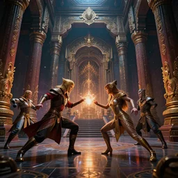fantasy sci fi characters fight in ancient temple, dark semi - vibrant colors, action scene, 8 k, lumen reflections, sharpened, insanely detailed and intricate, hypermaximalist, elegant, ornate, hyper realistic, super detailed, digital art