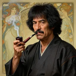 an ultra detailed matte painting of bob ross smoking a pipe and dressed as a wandering ronin samurai, edo japan, concept art by jeong seon and alphonse mucha and greg rutkowski, octane render, 8 k, detailed face