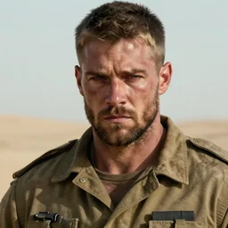 portrait of muscular, tired and alcoholic 3 0 - year - old handsome man with short darkblonde hair, serious sad look in his eyes, looking down, dirty beard, blue eyes, crying tears, wearing dirty soldier uniform, on the desert, sad atmosphere, hyper realistic face, beautiful eyes, character art, art by mark brooks, hyperdetailed, cryengine, trending on artstation, digital art