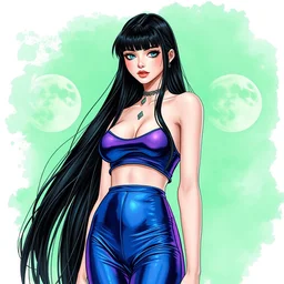 girl, longest black hair, blue latex pants, purple croptop, two moons, acid green background. highly detailed, digital painting, watercolor, realism, engraving, artstation, concept art, smooth, sharp focus, vivid grunge, manga, illustration, unreal engine 5, 8 k, art by bilibin and kilian eng and kuvshinov and malevich and mucha