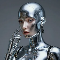 hyper realistic and detailed closeup photo of a chrome female gynoid by annie leibovitz