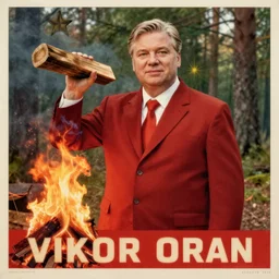 soviet poster of viktor orban, holding a wood piece, making bonfire, forest in background