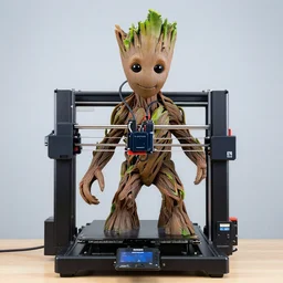 giant 3 d printer and groot, ender 3 pro, focus on 3 d printer, sharp focus, groot is holding a 3 d printer in his hands, no humans