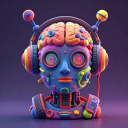 a claymodel of a steampunk spaced out futuristic robot head wearing trippy brain sensors and headphones with antennas, 8 k, front view, symetrical, flourescent colors, halluzinogenic, multicolored, insanely detailed, front shot, 3 d render, octane