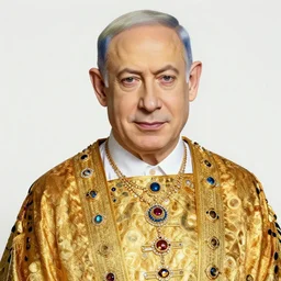 a portrait of benjamin netanyahu wearing golden ornate robe, earings, necklace, jewels, by gustave klimt