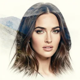 megan fox face next to realistic mountain scenery, double exposure effect, medium sized tattoo sketch, amazing detail, trending on pinterest, in the style of brandon kidwell