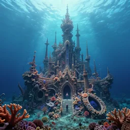 style artgerm, joshua middleton, gerald brom, a giant underwater castle made of coral, very long spires, water swirling, detailed, ocean background setting, volumetric lighting