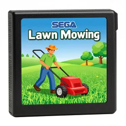 competitive lawn mowing, the video game for the sega genesis game cartridge, box art, 1 9 9 8, video game