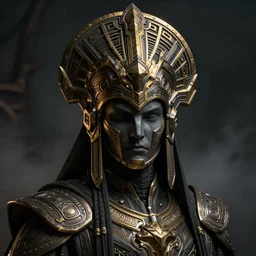 a highly detailed matte painting portrait of a shadow priest wearing a massive ornate headdress made of realistic metal and sci fi armor, art deco, cinematic lighting, smooth, dark sci fi, unreal engine, octane render, by blizzard studios, golden rule, subject in center of frame, fog volumes, cgsociety