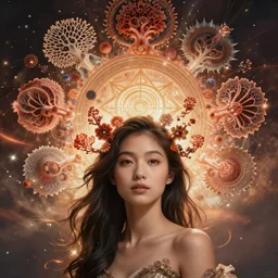 ridiculously beautiful young asian woman tripping, coral fractals radiating from head with sacred geometry, natural, awakening, symmetrical, in the style of ernst haeckel, effervescent, warm, photo realistic, epic and cinematic,