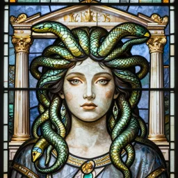 medusa stained glass portrait in glorious greek temple, snake hair, beautiful female gorgon, symmetrical face, beautiful eyes, fine art, art nouveau masterpiece, art deco, semi realistic anime, museum quality work, cel shaded, art style of John Collier, Moebius, Studio Ghibli, cinematic, widescreen, 4K