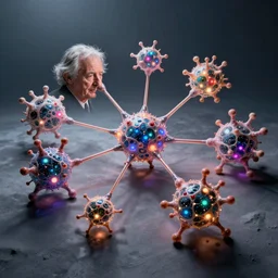 quantum connections represented as symbiotic organisms like cells playing around with colorful lights by benoit b. mandelbrot
