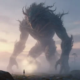 a beautiful terrifying humanoid tree beast looms over a tiny human. at dawn, ethereal fantasy art by greg rutkowski