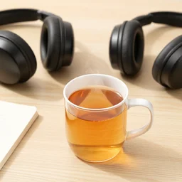 tea in a mug with a controller inside and headset on the table