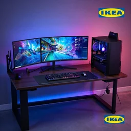 photo of a gaming desk, gaming setup, rgb, ikea catalogue