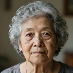 an elderly lady with grey, curly hair, pale skin, and wrinkles staring towards the camera