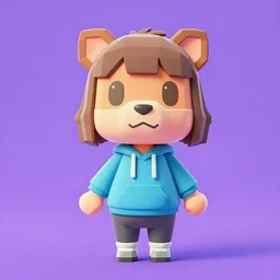 low poly human animal crossing character with brown hair brown eyes and a sky blue hoodie and gray pants, 3 d render on purple gradient background