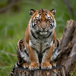 an hd 4 k detailed photo of a tasmanian tiger sitting on a tree stump