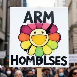 a protest sign that says arm the homeless by takashi murakami