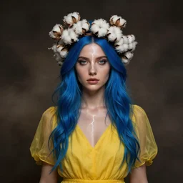 a goddess with blue hair, in a yellow dress in a crown of cotton! flowers with a beautiful symmetrical face!!! cinematic lightning, murky dusty deep, smoky eyes, isolated, studio lighting by artgerm yuri shwedoff and tom bagshaw