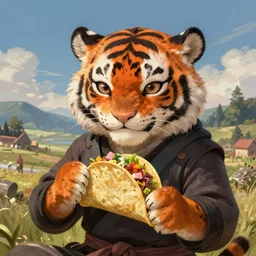 a portrait an anthropomorphic tiger ninja eating tacosl, landscape in background, cute and adorable, dnd character art portrait, well rendered matte fantasy painting, deviantart artstation, by jason felix by steve argyle by tyler jacobson by peter mohrbacher, cinematic lighting