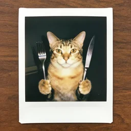 polaroid of a cat with a fork and knife