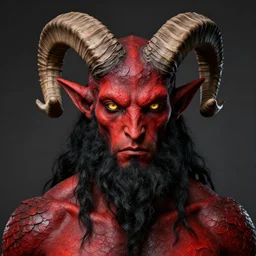 dnd portrait of a tiefling, male, red scales and red skin, a big black beard, completely golden eyes, 2 ram horns growing out of his forehead,