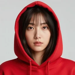 woman in red hoodie, studio photo, close up