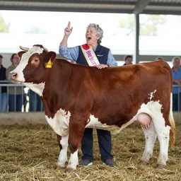 an elderly woman screaming, exhibiting a prize winning cow, state fair, winner, sash, bold natural colors, national geographic photography, masterpiece, 8 k, raw, unedited, symmetrical balance