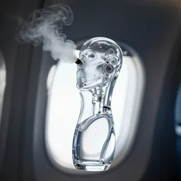 ultra clear sculpture of vaping on an airplane, cybernetics, low contrast, cinematic dramatic lighting, hyper realistic detailed intricate render, hypermaximalist, ornate, epic composition, 4 k 8 k, cryengine octane blender, sharp focus, concept art, masterpiece