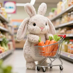 a fluffy cute plush rabbit is shopping groceries at lidl holding a shopping cart filled with carrots, 8 k, hd