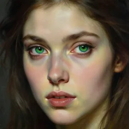 high quality extremely detailed closeup portrait of a young gorgeous female warlock looking away from the camera, green eyes, no hands visible, fantasy, d & d, intricate, painting by lucian freud and mark brooks, hd