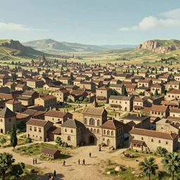 a cityscape, settlement, buildings, detailed scenery, bronze age time period —width 672