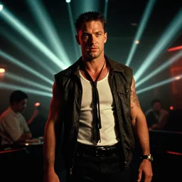 film still of Tom Hardy as Max Payne in a nightclub with bright contrasting strobe lights in the Max Payne movie, 4k