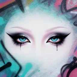 aesthetic, beautiful symmetric eyes with heavy goth makeup, cyberpunk, flat color, minimal, large spray graffiti on a wall by famous london graffiti artist