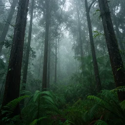 photorealistic picture of a misty rainforest on a rainy day, hyperrealistic details
